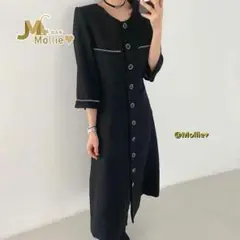 ロングワンピース レトロ フロントボタン 長袖 ラウンドネック 韓国ファッション