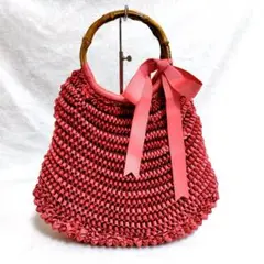 【美品】プリーツハンドバック　リボン　バンブーハンドル　ピンク系