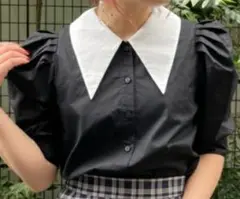 マジェスティックレゴン バイカラーパフ袖ブラウス 黒白パフスリーブ シャツ 半袖