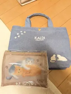 1日限定2600円→2100円KALDI デニムブルーエコバッグと猫ポーチセット