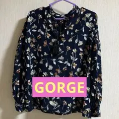ネイビー フラワープリント 長袖ブラウス