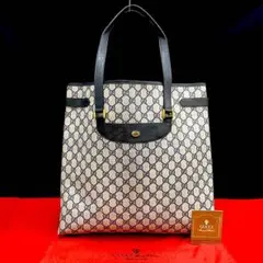 極 美品 オールドグッチ ネイビー GG パターン レザー トート ハンドバッグ
