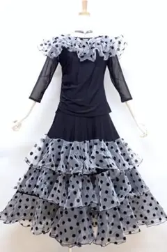 B1507★美品★MLサイズ★黒/フロッキードット/セットアップ☆社交ダンス