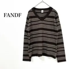 FANDF【L】長袖ニット セーター ボーダー Vネック ウール混 ブラウン 茶