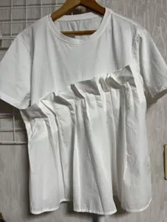 ホワイト プリーツデザイン 半袖Tシャツ