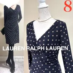 LAUREN ラルフローレン　七分袖　ワンピース 七分袖　水玉 8 濃紺　L〜