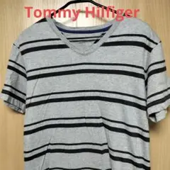 Tommy Hilfiger グレー ストライプ Vネック Tシャツ
