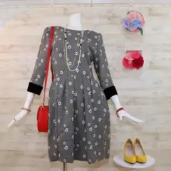 フォクシー ひざ丈刺繍ワンピース ベロア素材 七分袖 L 大きいサイズ グレー