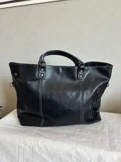 ユニセックス ブラックレザートートバッグ ショルダーバッグ