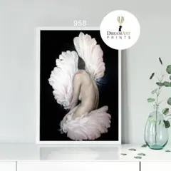 インテリアポスター 羽根と翼 静かな裸婦 黒背景 上品 清楚 映え 優美 静穏