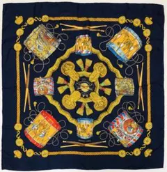 良品■ エルメス カレ90 LES TAMBOURS タンブールの太鼓 ネイビー