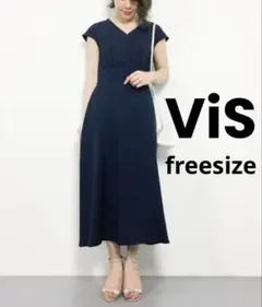 美品 即納 匿名 VIS Vネックロングワンピース サラッと 麻調フリーサイズ