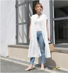 ロングワンピース　ノーカラー　シャツ　ホワイト　羽織　フレンチスリーブ　コラボ