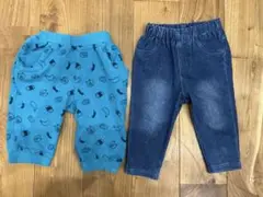 青いスナック柄パンツとデニムパンツセット