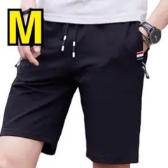 【M】メンズ ハーフパンツ 短パン 伸縮性ウエストバンド ブラック　g