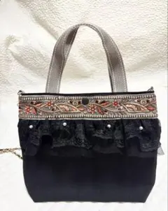 セール　ハンドメイド　トートバッグ　帆布　ブラック　パール　インド刺繍リボン
