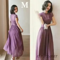 シフォン ワンピース ドレス ギャザー レース シースルー フォーマル M 紫