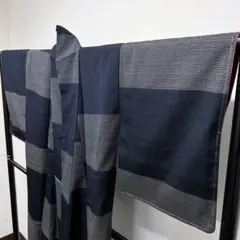 未着用品 塩沢紬 市松模様の様な太い横縞の小紋 着物