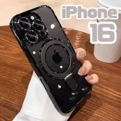 スマホケース　ブラック　iPhone16 リング付き magsafe対応 レンズ
