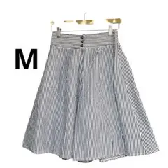 ストライプ　キュロットスカート　綿30% 白×青　ウエストゴム　M