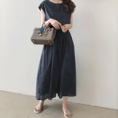 M リネン風 ロングワンピース 半袖 黒 綿 無地