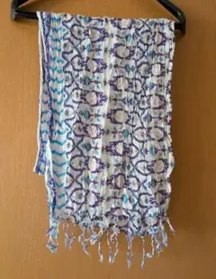インド綿ストール　紫と青の模様 フリンジ付き