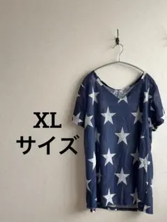 ネイビー 星柄 半袖チュニック　【XLサイズ】 透け感　大きいサイズ　夏