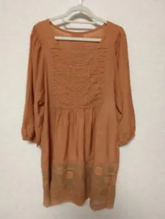 ☆MALIANI☆オレンジ 刺繍入り レース 七分袖 チュニック 7