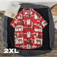古着ヴィンテージ２XL モード系　半袖 総柄シャツ　レッド　赤　 　韓国