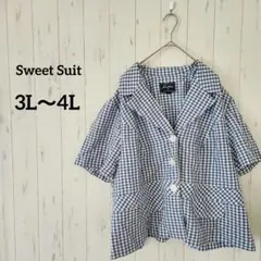Sweet Suit【3L～4L】ギンガムチェック青半袖ブラウスAライン風