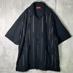 上質 シルク 刺繍 デザイン シャツ 黒 L 半袖