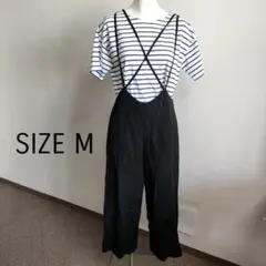 【サロペット】 黒 サイズM　ナチュラル　麻混　吊りズボン ワイドパンツ