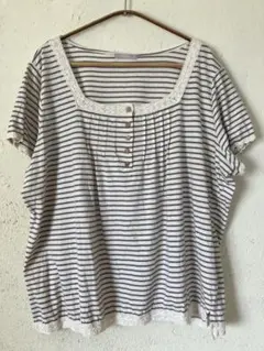大きいサイズ　ボーダー 半袖 Tシャツ レース付き