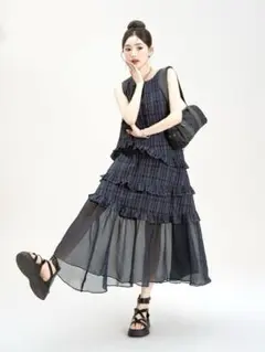 メッシュスプライシング❗️ロングワンピース✦チェック柄ノースリーブフリル　薄地