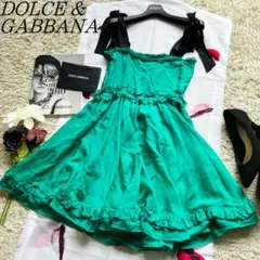 【良品】DOLCEu0026GABBANA肩紐リボンキャミソールワンピース グリーン36