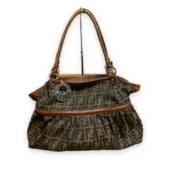 【良品】FENDI フェンディ ズッカ柄 ワニ革ハンドル キャンバス レザー