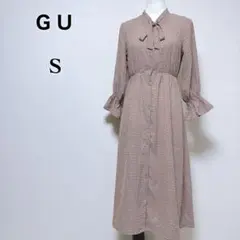 【ジーユー】美品 レトロプリントボウタイワンピース 七分袖 ベルスリーブ S