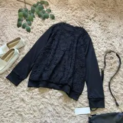 5736 新品❃ビアンテ❃長袖カットソー/フラワーレース/ゆったり/ブラック/F