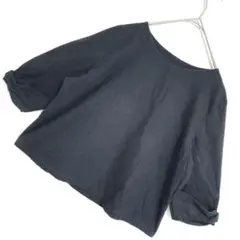 シンプル黒 七分袖カットソー ゆったり 春夏秋 コットン混 レディース