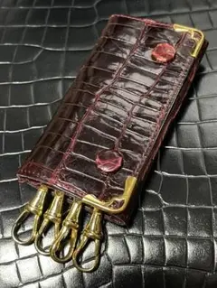 カルティエ ワニ革キーケース鍵クロコダイル鰐クロコ収納カバー携帯ポーチ金ワイン赤