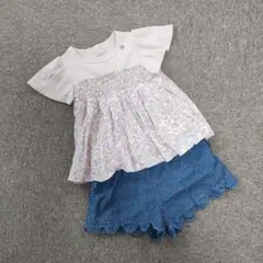 プティマイン 100 女の子 ピンクトップス＆デニム半パン セット 夏服 可愛い