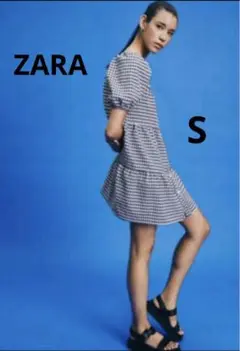 【美品】ZARAギンガムチェックパフスリーブティアードミニワンピースチュニックS