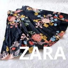 即発送　ZARA ザラ　花柄 フレアスカート ひざ丈 黒　リボン