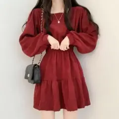 【ラスト1点】スクエア長袖のミニワンピース(赤)