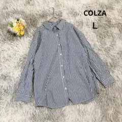 【コルザ】長袖シャツ ブラウス (Ｌ) ストライプ 青×白 オフィス 通勤