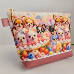 チワワいっぱい柄×帆布・まち付きポーチ18cm