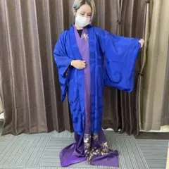 正絹 アンティーク長羽織 瑠璃色 大正浪漫 大きな唐草模様 希少 紋入り