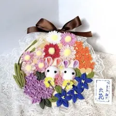 つまみ細工 季節の壁飾り ドア飾り 秋のお花畑 ウサギちゃん リース プレゼント