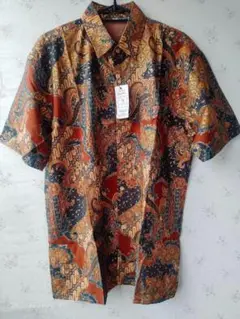 Batik バティック シャツ - ブラウン&ブルー(L-半袖)