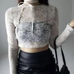 me+em select ストラップリボンショートレーストップス